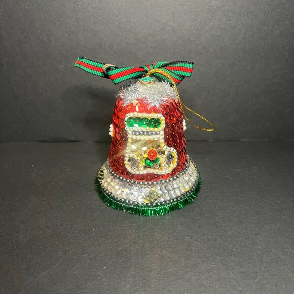 Vintage Red Green Silver Sparkly Sequin Stocking Bell Christmas Tree Ornament 4" - Picture 3 of 6